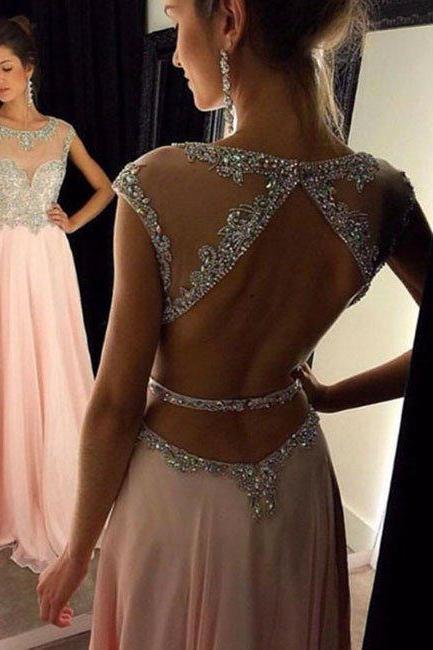 Prom Dresses,a-line Round Neck Sequin Long Pink Prom Dress, Formal Dress