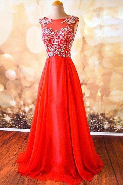 Prom Dresses,red Chiffon Round Neck Beaded Long Prom Dress, Evening Dress