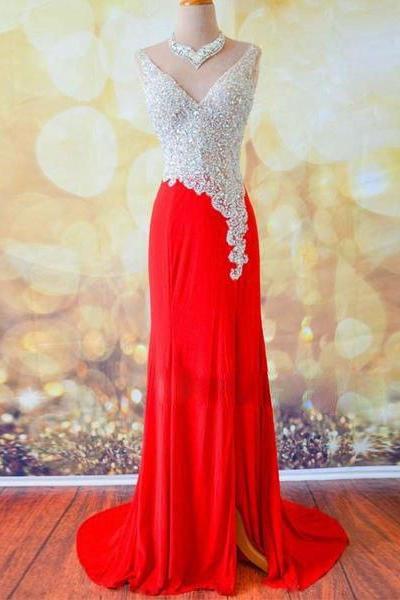 Prom Dresses,a-line V Neck Sequin Long Red Prom Dress, Evening Dress
