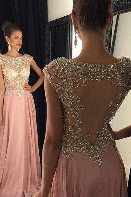Prom Dresses,a-line Round Neck Chiffon Rhinestone Pink Prom Dress, Formal Dress