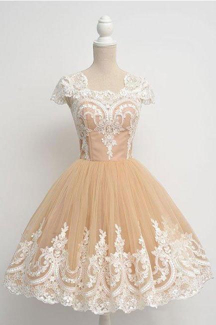 Homecoming Dresses,champagne Tulle Lace Short Prom Gown, Homecoming Dress, Bridesmaid Dress