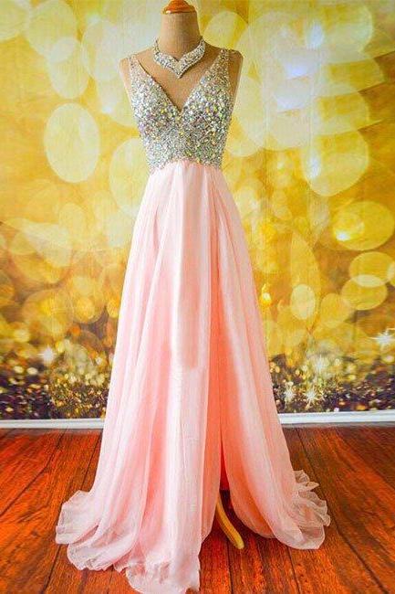 Prom Dresses,v Neck Sequin Chiffon Long Pink Prom Dress, Formal Dress