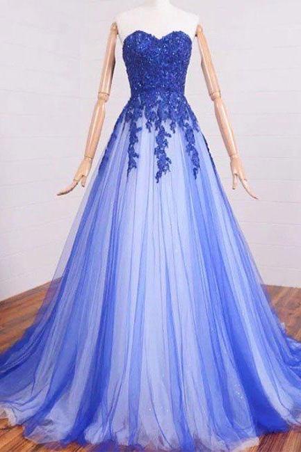 Prom Dresses,blue A-line Tulle Lace Long Prom Dress, Evening Dress