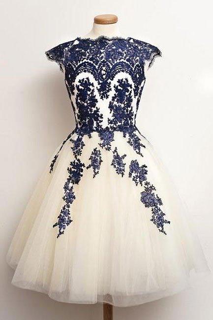 Homecoming Dresses,navy Blue Lace Tulle Short Prom Dress, Homecoming Dress, Bridesmaid Dress