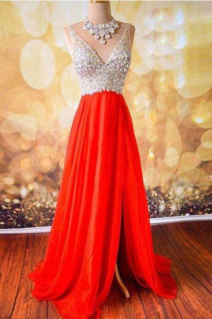 Prom Dresses,v Neck Rhinestone Sequin Red Long Prom Dress, Formal Dress