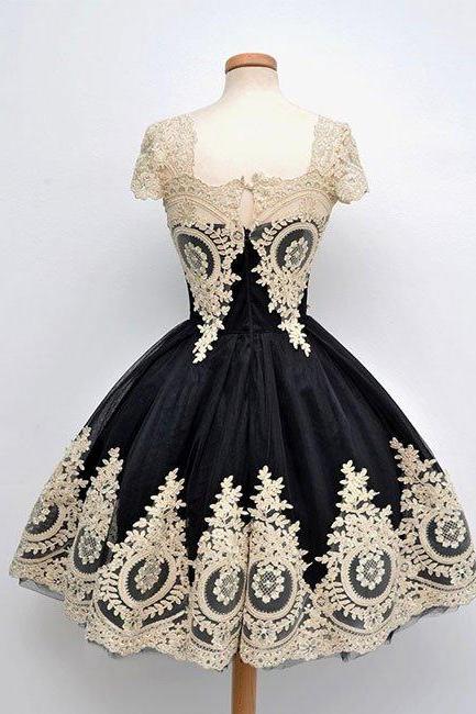 Homecoming Dresses,black Ball Gown Lace Short Prom Dress, Homecoming Dress