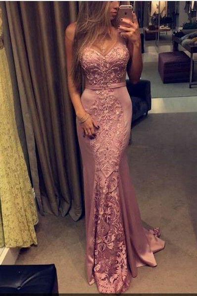 Unique Prom Dress, Lace-appliques Prom Dress,pink Prom Dress, Sleeveless Sweetheart-neck Prom Dress, Mermaid Evening Gowns Long Prom Dress,