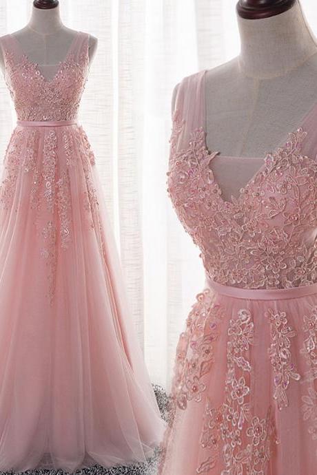 Elegant Tulle Handmade Pink V-neckline A-line Prom Dress With Lace Appliques, Light Pink Evening Gowns, Pink Formal Dresses
