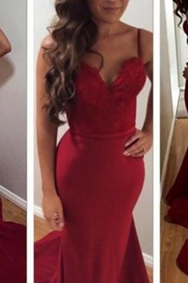 Elegant Burgundy Backless Straps Mermaid Spandex Prom Dress With Lace Applique, Prom Dresses 2017, Wine Red Mermaid Gowns