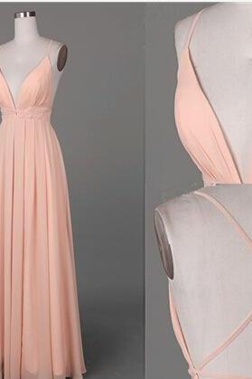 Pink Chiffon Plunge V Spaghetti Straps Floor Length Chiffon A-line Prom Dress Featuring Criss-cross Open Back
