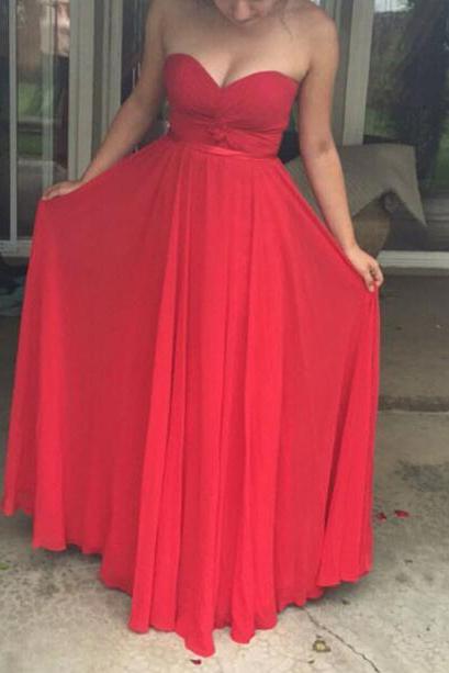 Beautiful Simple Sweetheart Red Chiffon Floor Length Party Dresses, Red Prom Dresses, Party Gowns