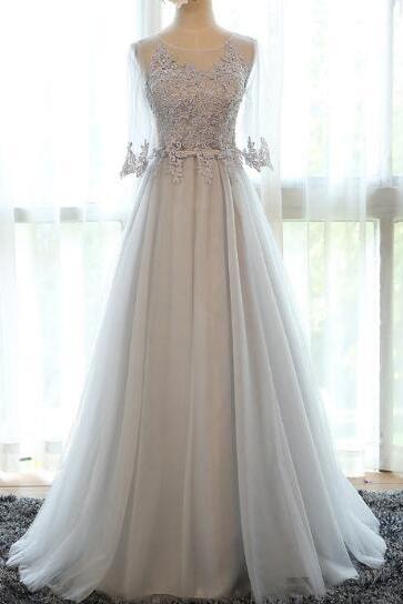Beautiful Grey Tulle A-line Long Lace Applique Prom Dresses, Grey Tulle Party Gowns, Tulle Evening Dresses, Grey Prom Dresses