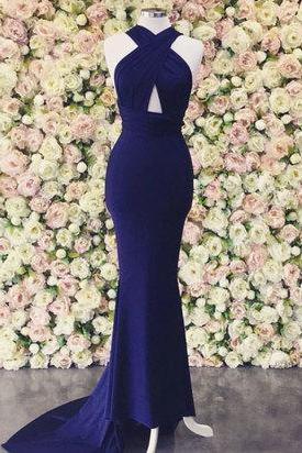 Royal Blue Halter Cutout Mermaid Long Prom Dress, Evening Dress