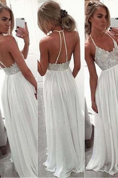 Prom Dress,sexy Prom Dress,white Chiffon V-neck ,sexy Long Dresses, Bridesmaid Dress With Spaghetti Straps