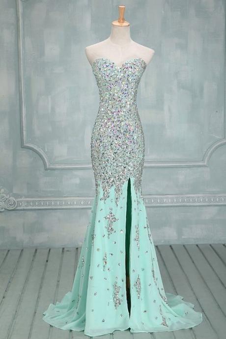 Strapless Sweetheart Beaded Mermaid Chiffon Long Prom Dress, Evening Dress Featuring Side Slit