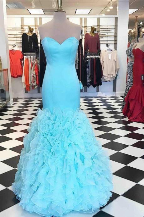 Prom Dress,sexy Prom Dress,baby Blue Organza Sweetheart Mermaid Long Evening Dress,cute Strapless Dress For Teens
