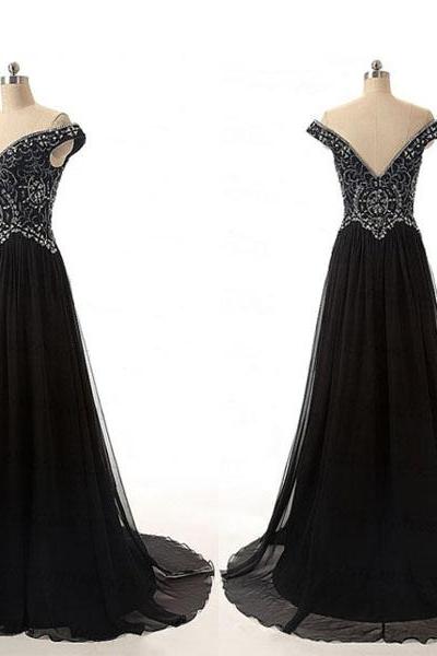 Prom Dresses,sexy Prom Dress,black Off-shoulder Floor-length Tulle Dress With Unique Beaded Prom Dress