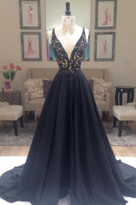 Prom Dresses,sexy Prom Dress,elegant Black Satin Deep V-neck Long A-line Evening Dress, Design Sexy Long Formal Dress