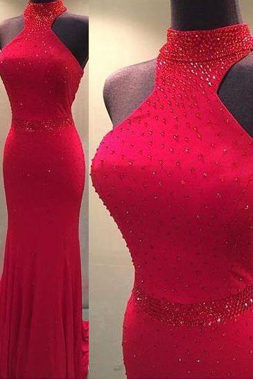 Prom Dresses,sexy Prom Dress,strapless Red Backless Long Slim Evening Dress, Crystal Handmade Mermaid Prom Dress, Party Dress