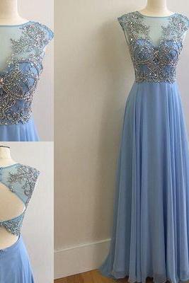 Prom Dresses,sexy Prom Dress,stunning Blue Chiffon Long Sequins Open Back Prom Dress For Teens, Long Senior Prom Dress, Evening Dress, Bridesmaid