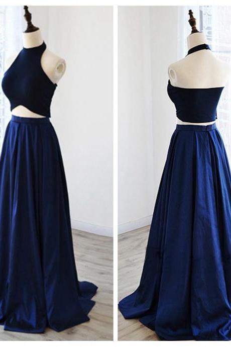 Navy Blue Satin Two-piece Prom Dress Featuring Halter Crop Top And Floor Length A-line Skirt, Formal Dress
