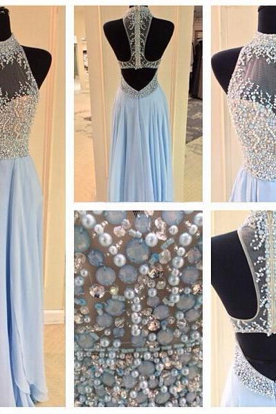Prom Dresses,sexy Prom Dress,sky Blue Chiffon A-line Beads And Sequins Long Prom Dress, Evening Dress