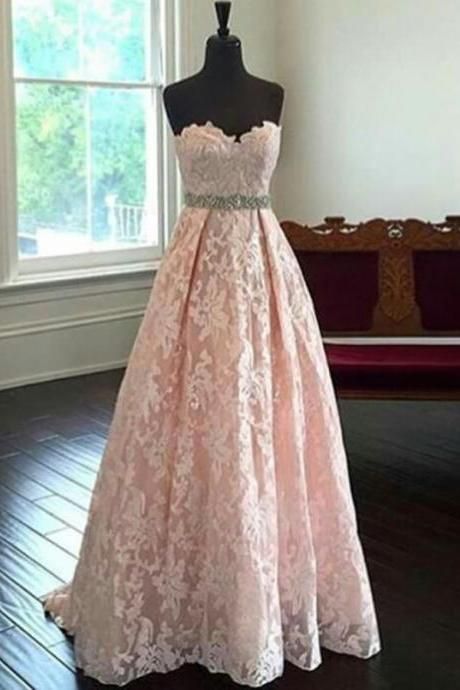 Prom Dresses,sexy Prom Dress,charming Sweetheart Sweep Train Pearl Pink Lace Prom Dress With Beading Waist