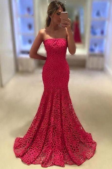 Prom Dresses,sexy Prom Dress,elegant Strapless Sweep Train Ruched Lace Prom Dress