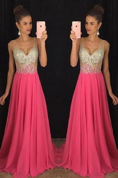 Prom Dresses,sexy Prom Dress,v-neck Sweep Trian Rose Pink Prom Dress With Beading