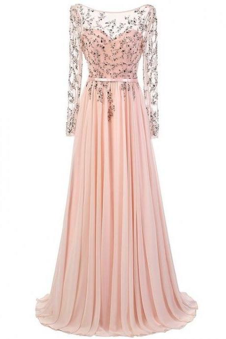 Prom Dresses,sexy Prom Dress,a-line Bateau Long Sheer Sleeves Backless Beading Long Prom Dress With Sash
