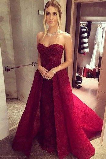 Prom Dresses,sexy Prom Dress,fashion Prom Dress Sweetheart Prom Dress Sheath Prom Dress Burgundy Prom Dress With Detachable Train Beaded
