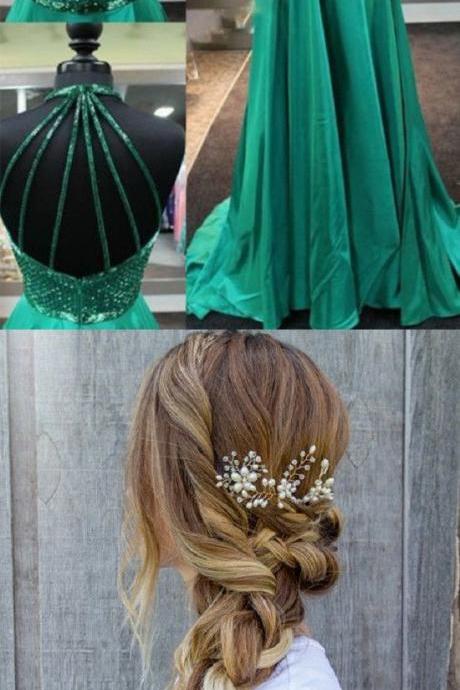 Prom Dresses,sexy Prom Dress,delicate Jewel Sleeveless Sweep Train Emerald Green Dress With Beading Backless