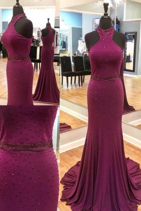 Generous High Neck Sweep Train Mermaid Grape Color Prom Dress With Beading