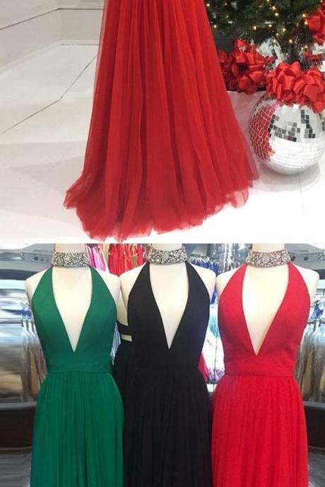 2017 Long Prom Dress,red Prom Dresses, Deep V-neck Prom Dresses, 2017 Long Prom Dresses,tulle Prom Dresses