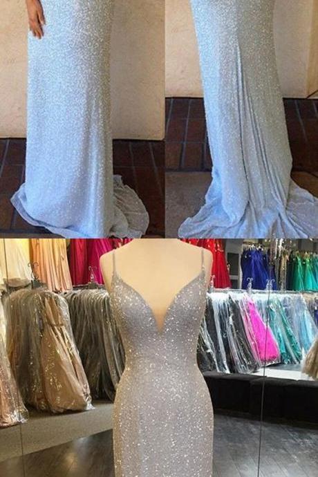 Prom Dresses,sexy Prom Dress,spaghetti Straps Prom Drseses, 2017 Prom Dresses, Open Back Prom Dresses, Blackless Prom Dresses, Silver Prom