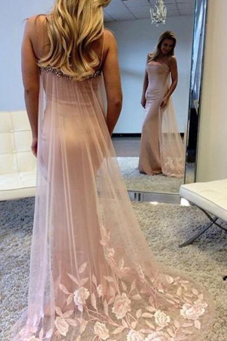 Elegant Spaghetti Straps Watteau Train Pink Mermaid Prom Dress With Beading Appliques