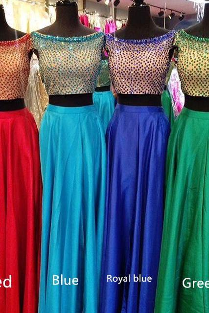 2017 Two Piece Long Prom Dress, Beads Long Prom Dress, Red Prom Dress, Blue Prom Dress, Royal Blue Prom Dress, Green Prom Dress