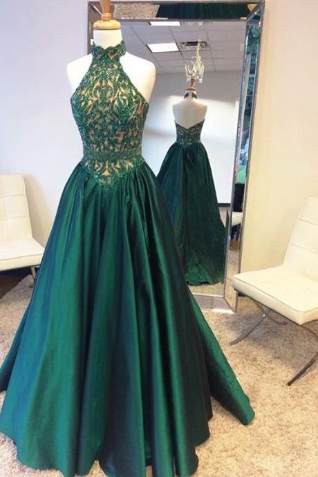 Long Prom Dress,beads Long High Neck Halter Prom Dress With Open Back Green Prom Dress
