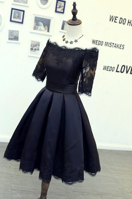 Short Black Prom Dress Homecoming Dress, 2017 Black Prom Dress With Half Sleeves, Little Black Dress