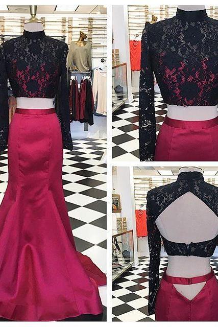 Two Piece Prom Dress, 2017 Mermaid Long Prom Dress, Rose Prom Dress With Black Lace, Long Sleeves Prom Dress
