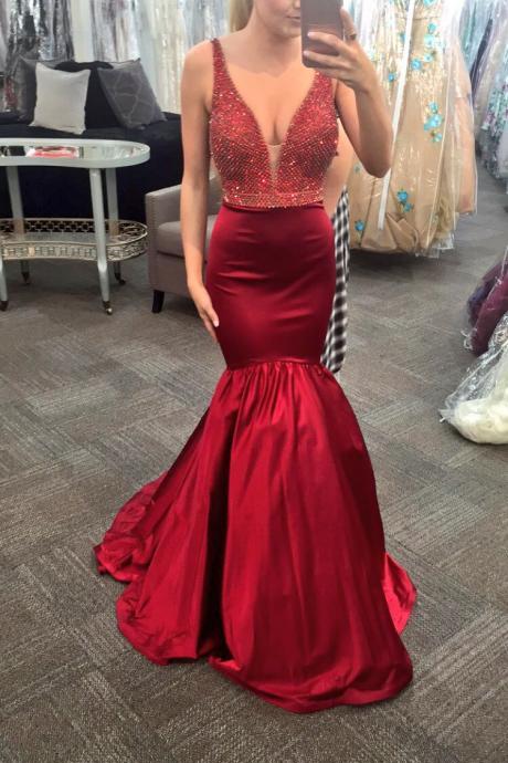 Elegant V-neck Mermaid Red Long Prom Dress Evening Dress