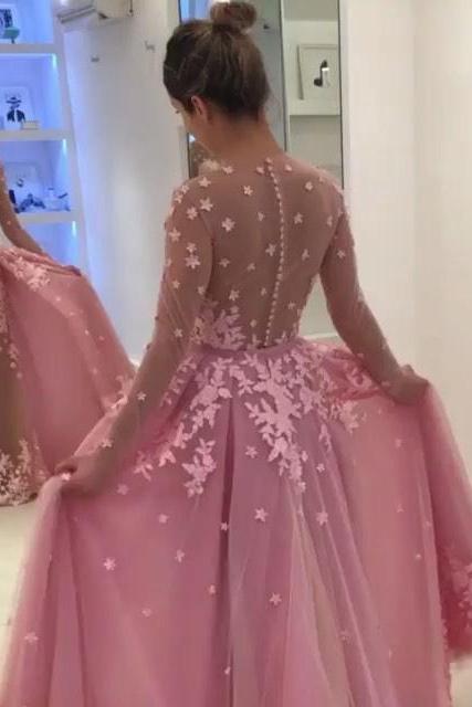 Long Sleeves Pink Long Prom Dress Evening Dress With Train