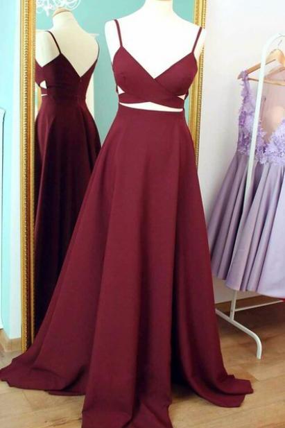 Two Piece Prom Dress, Long Pom Dress,long Dark Burgundy Red Prom Dress 2017, Formal Evening Dress