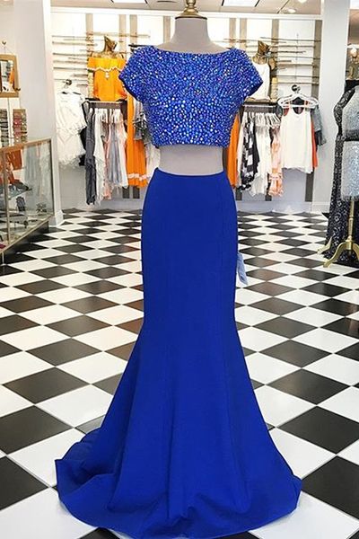 2017 Prom Dresses,royal Blue Prom Dresses,2 Pieces Prom Dresses,sparkling Prom Dresses