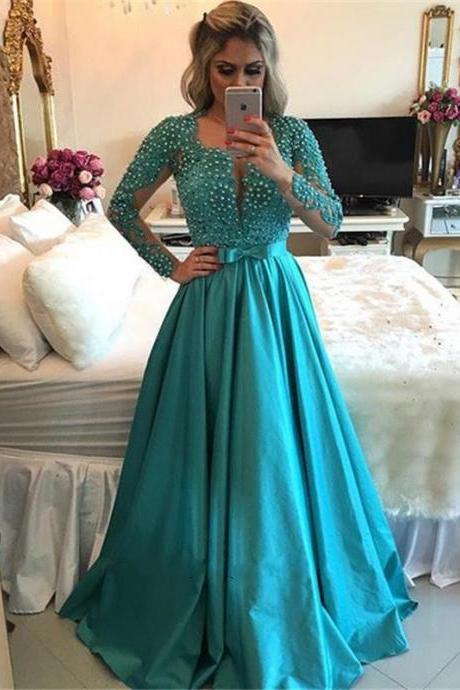 Prom Dresses, Long Sleeve Evening Dress,sexy Beading Pearls Prom Dress With Belt,formal Dress