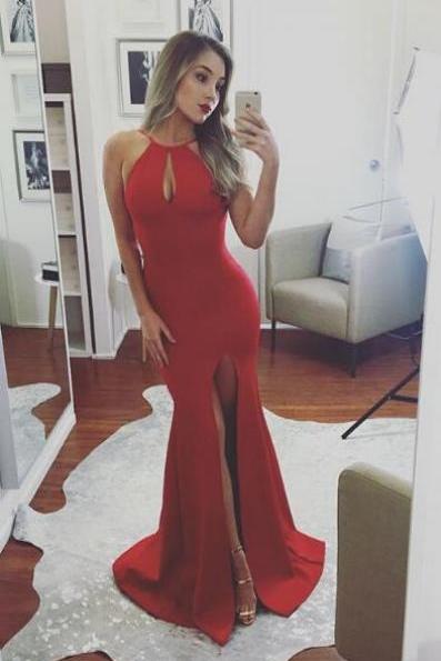 Charming Mermaid Evening Dress, Red Sexy Party Gownm, Split Side Evening Dresses,backless Long Party Gown