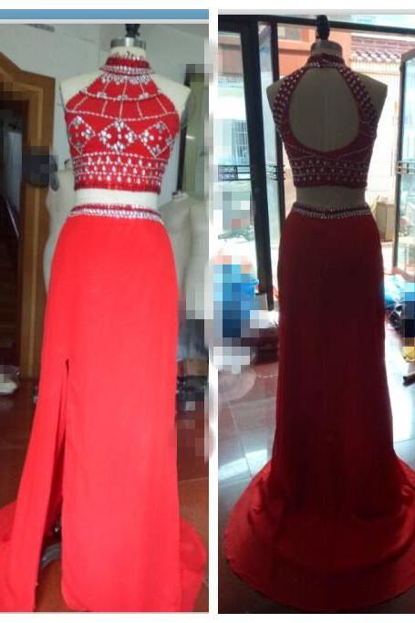 Prom Dresses,red Mermaid Two Pieces Prom Dresses 2017 High Neck Beading Crystal Sweep Train Evening Dresses