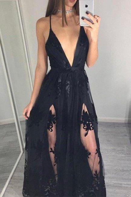 Beautiful Prom Dresses,2017 Sexy Prom Dress,Black V Neck Prom Dresses,Sleeveless Chiffon and Lace Prom Dresses 