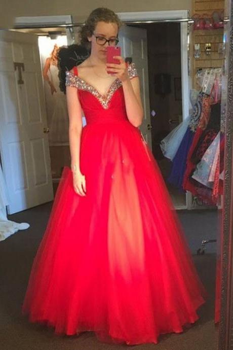 2017 Sexy Prom Dress,tulle V Neck Ball Gown Prom Dresses,long Homecoming Dress,formal Evening Dress,sleeveless Prom Dresses For Graduation