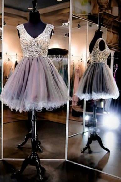 Charming Prom Dress,v Neck Short Prom Dress,tulle Homecoming Dress,crystal Beaded Prom Gown,sexy Party Dress